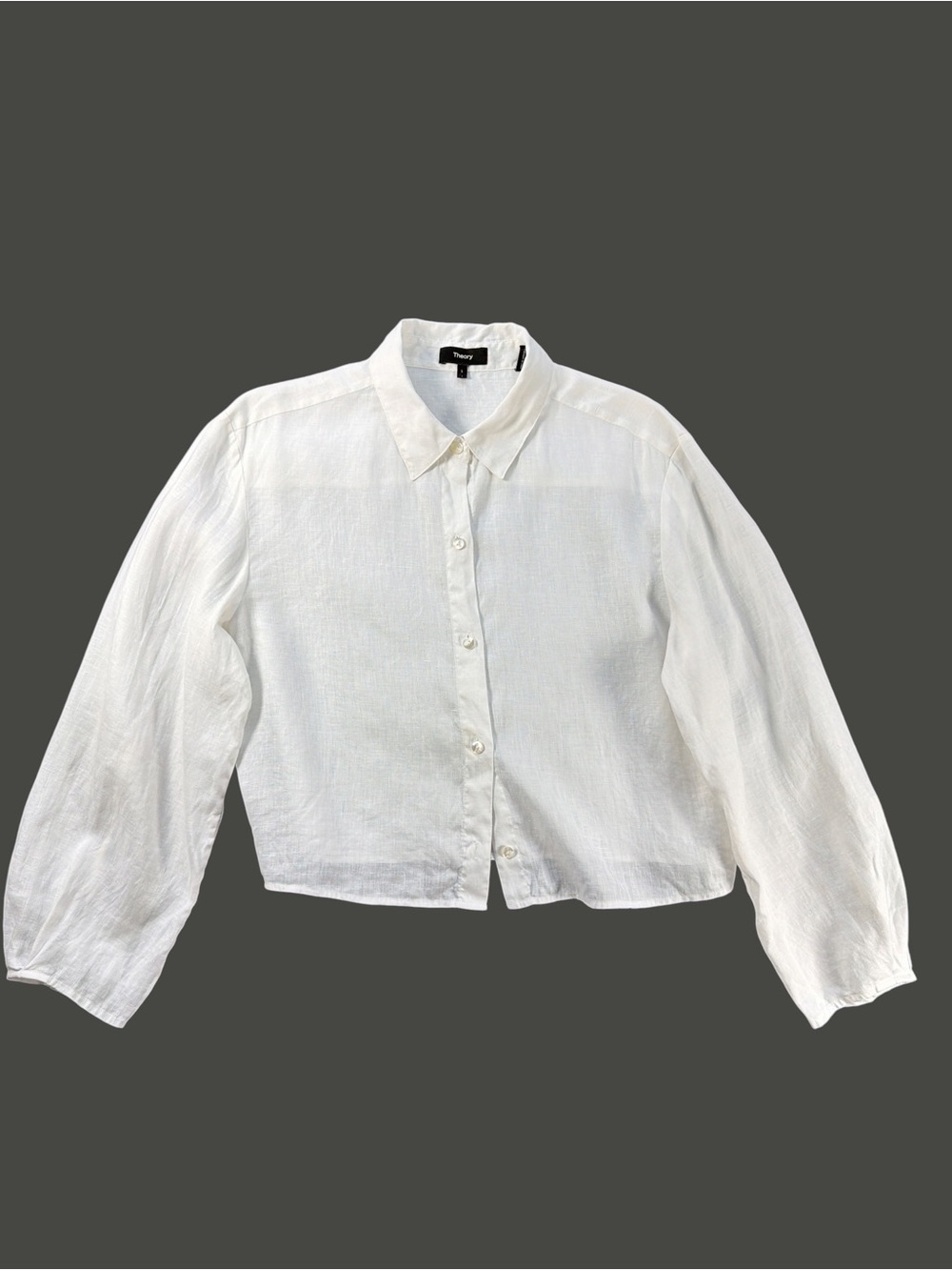 Theory Cropped White Button-Down Shirt in Relaxed Linen Size Large - Picture 6 of 11